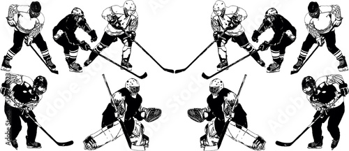 A selection of black and white vector images of players of the hockey team in uniform