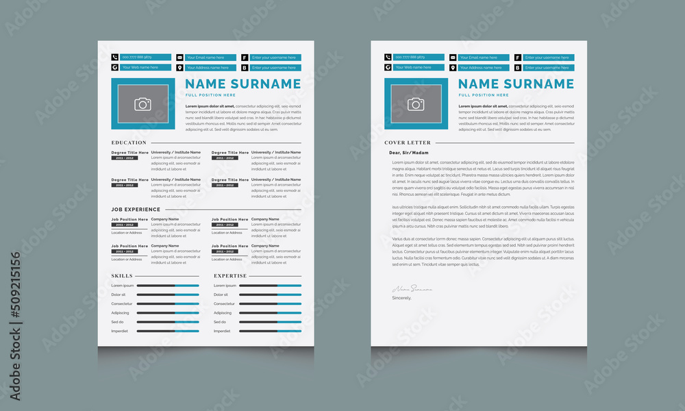 Obraz premium Clean Minimalist Resume Layout Set, Modern cv Template and Cover Letter