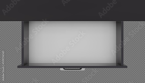 Top view of black empty open drawer of cabinet, cupboard or nightstand. Vector mockup of 3D rendered furniture. Interior office or living room object