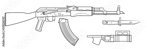 Vector illustration of AK assault rifle with additional equipment such as a magazine, bayonet and grenade launcher 