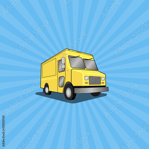 Yellow food truck with a blue background with light rays - Vector Illustration