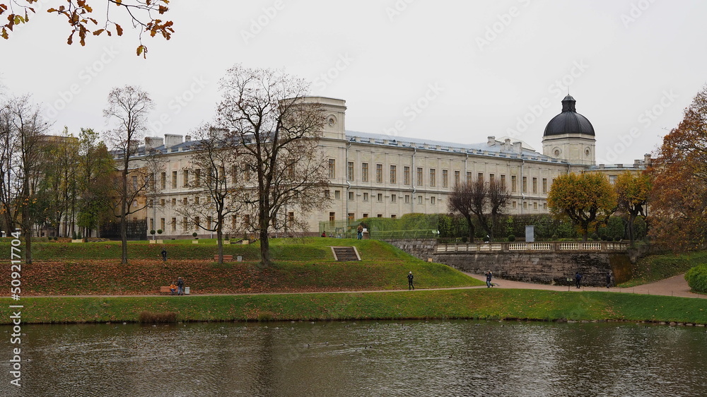 Autumn landscape in the park. View of the palace and the museum-reserve 