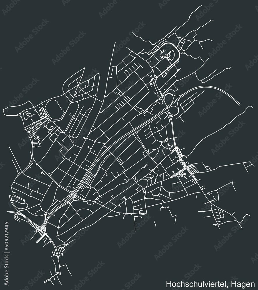 Detailed negative navigation white lines urban street roads map of the HOCHSCHULVIERTEL BOROUGH of the German regional capital city of Hagen, Germany on dark gray background