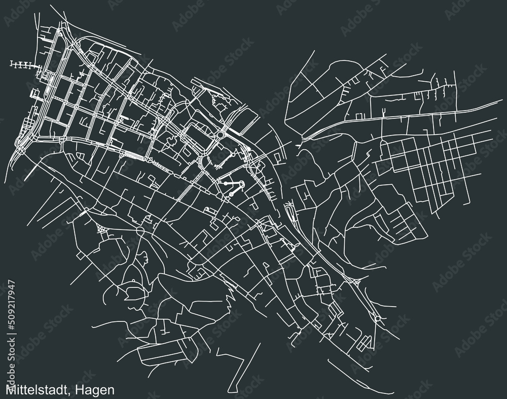 Detailed negative navigation white lines urban street roads map of the MITTELSTADT BOROUGH of the German regional capital city of Hagen, Germany on dark gray background