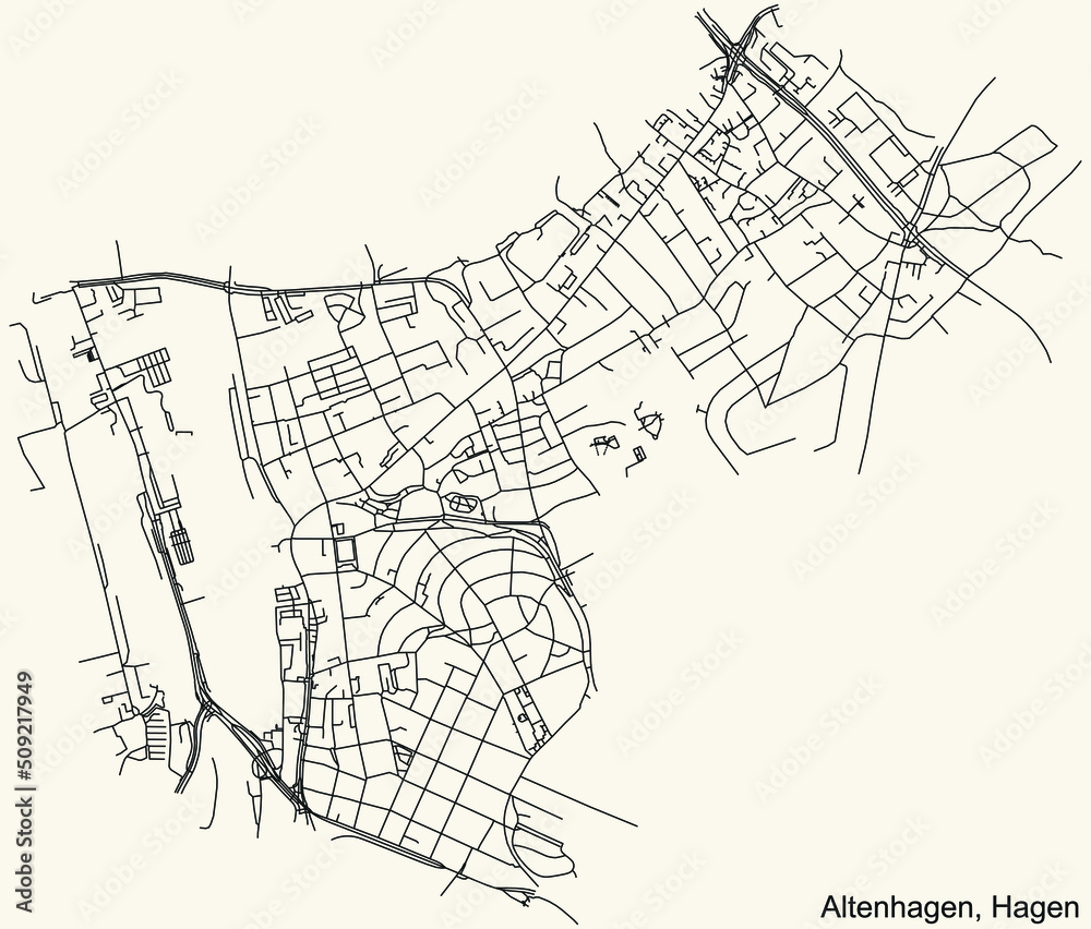 Detailed navigation black lines urban street roads map of the ALTENHAGEN BOROUGH of the German regional capital city of Hagen, Germany on vintage beige background