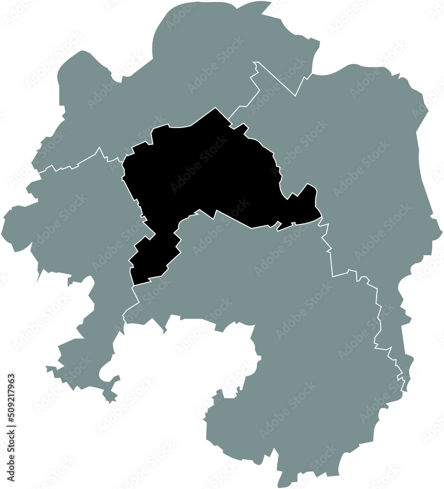 Black flat blank highlighted location map of the 
MITTE DISTRICT inside gray administrative map of Hagen, Germany
