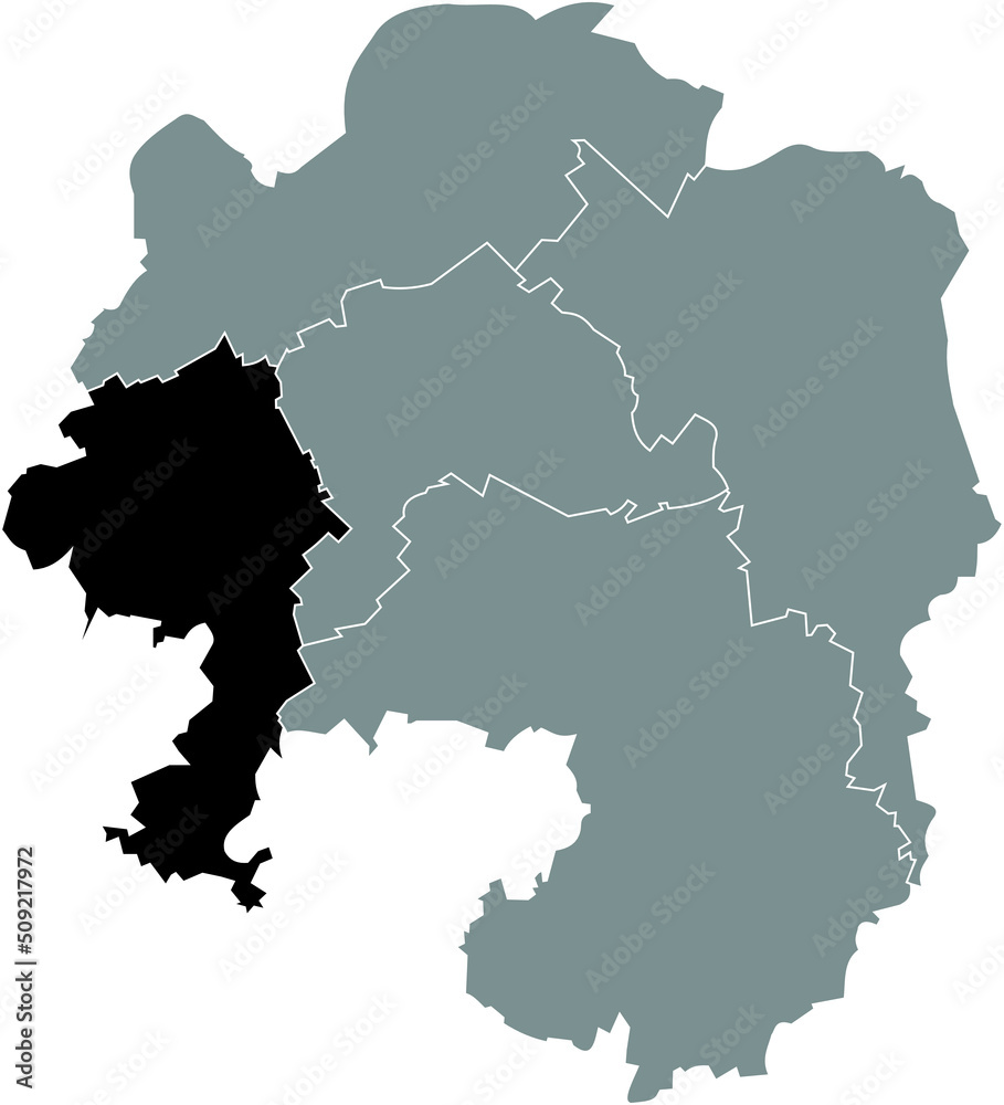Black flat blank highlighted location map of the 
HASPE DISTRICT inside gray administrative map of Hagen, Germany