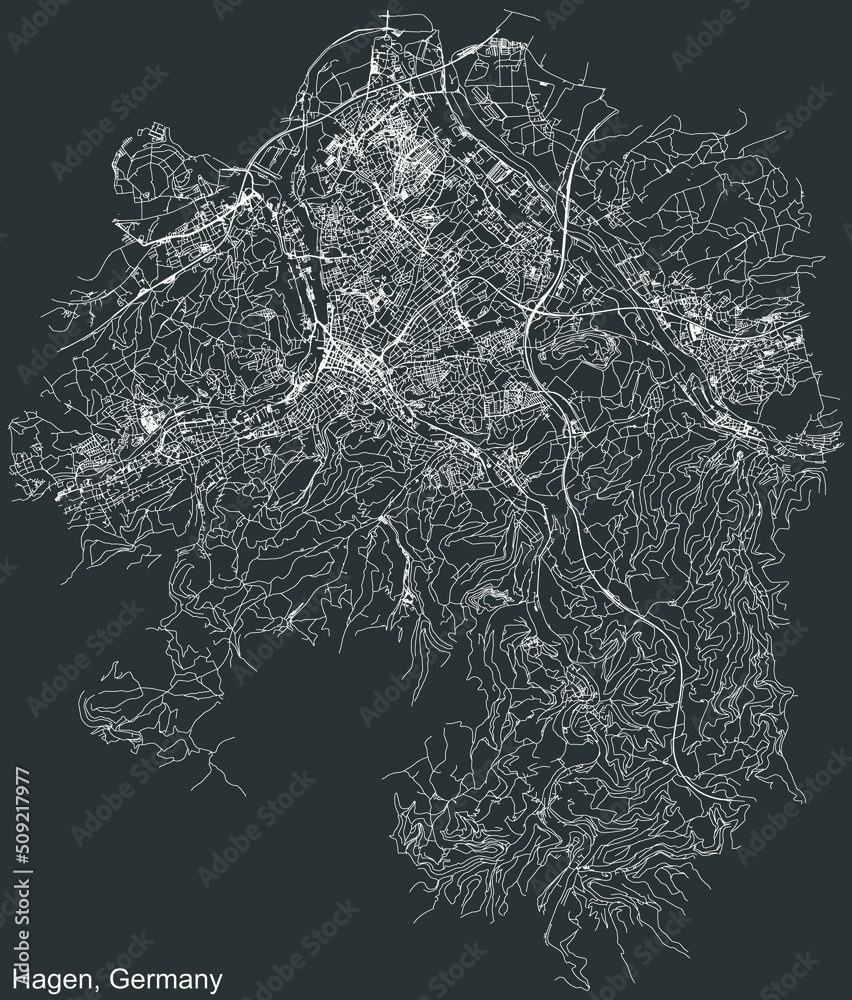 Detailed negative navigation white lines urban street roads map of the German regional capital city of HAGEN, GERMANY on dark gray background