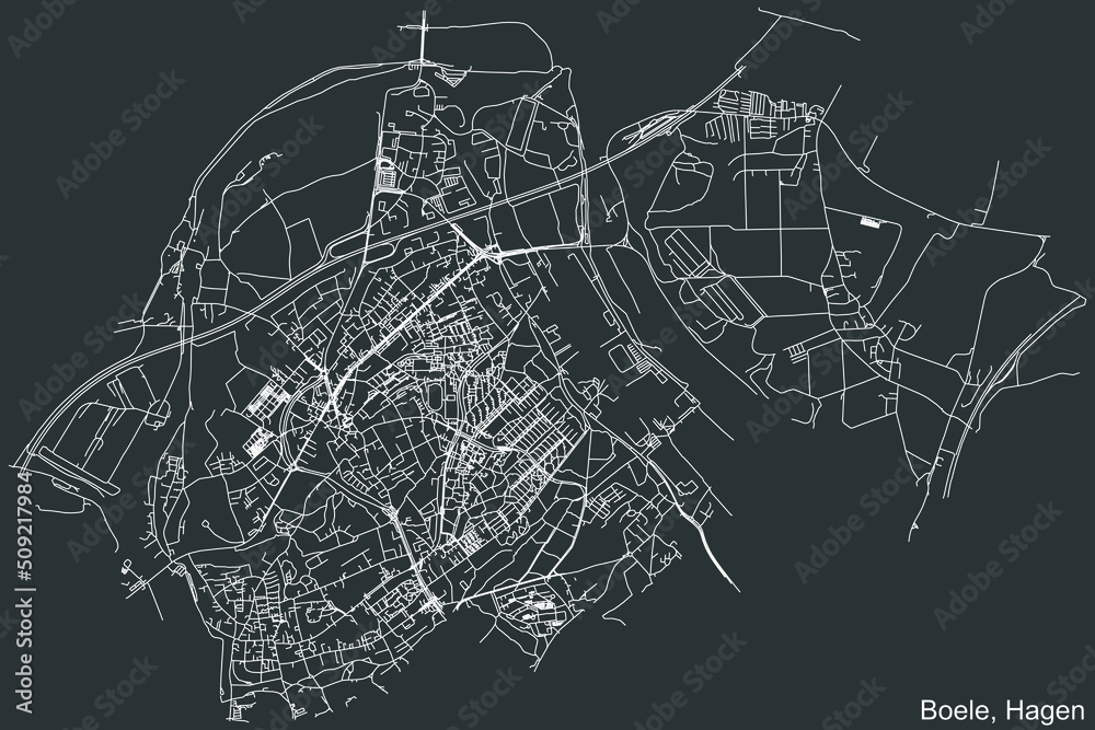 Detailed negative navigation white lines urban street roads map of the BOELE BOROUGH of the German regional capital city of Hagen, Germany on dark gray background