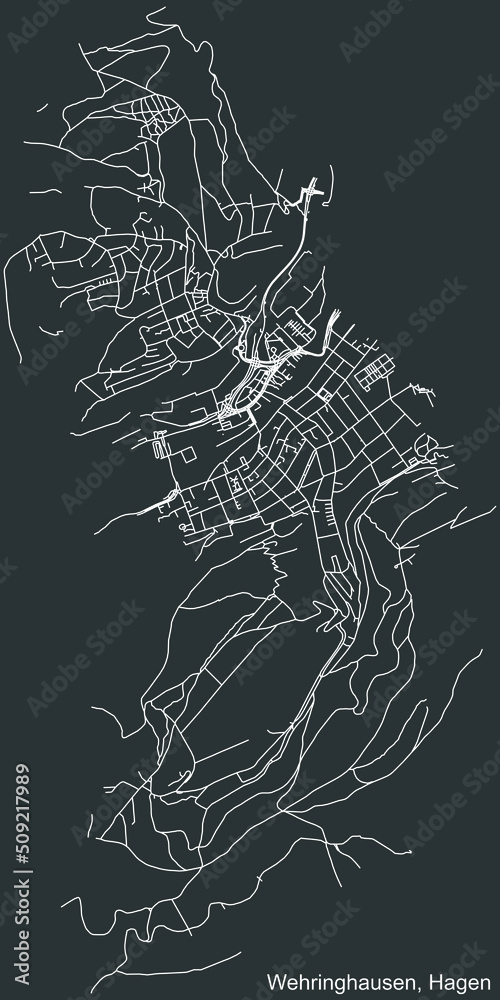 Detailed negative navigation white lines urban street roads map of the WEHRINGHAUSEN BOROUGH of the German regional capital city of Hagen, Germany on dark gray background