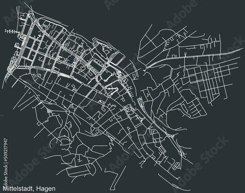 Detailed negative navigation white lines urban street roads map of the MITTELSTADT BOROUGH of the German regional capital city of Hagen, Germany on dark gray background