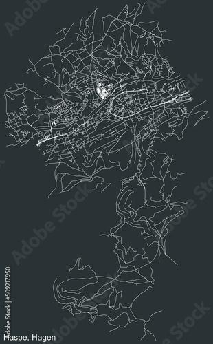 Detailed negative navigation white lines urban street roads map of the HASPE DISTRICT of the German regional capital city of Hagen, Germany on dark gray background photo