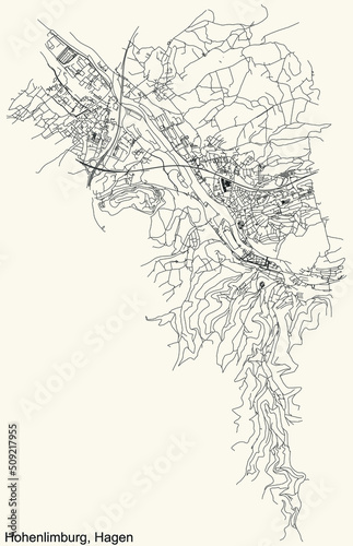 Detailed navigation black lines urban street roads map of the HOHENLIMBURG DISTRICT of the German regional capital city of Hagen, Germany on vintage beige background