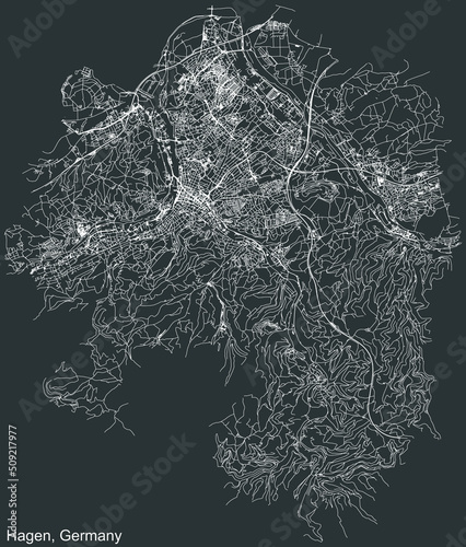Detailed negative navigation white lines urban street roads map of the German regional capital city of HAGEN, GERMANY on dark gray background