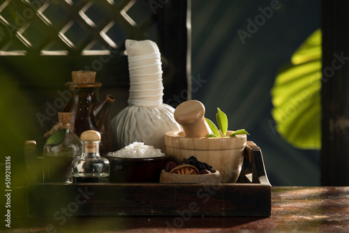 view of spa theme objects on tropic color back 
