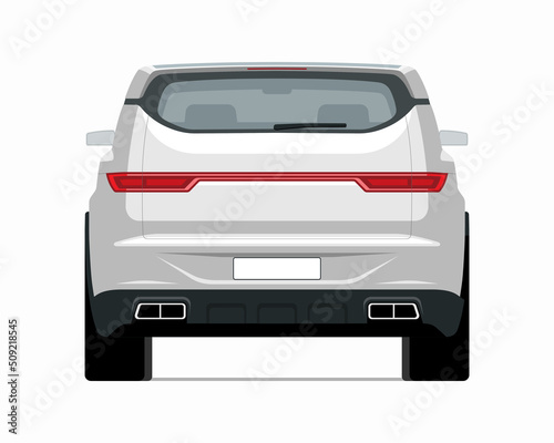 Modern SUV car mockup. Rear view of a crossover vehicle isolated on white background. Vector white car template for branding, advertisement, logo placement. Easy editable.