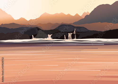 Landscape with cascade waterfall in cartoon flat style.  Water jet falling from stones in mountain lake