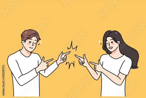 Smiling young man and woman joking with each other. Happy guy and girl pranking have fun together. Friendship and good relationships concept. Vector illustration. 