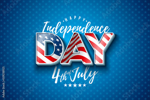 4th of July Independence Day of the USA Vector Illustration wth American Flag in 3d Lettering on Blue Background. Fourth of July National Celebration Design for Banner, Greeting Card, Invitation or