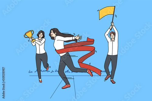 Motivated female employee feel euphoric cross finish line reach business goal. Excited woman worker achieve career target or aim. Way to victory. Winner and success. Vector illustration. 