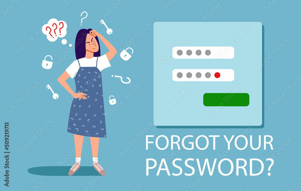 The woman forgot her personal data. the concept of a forgotten password, account protection, danger warning, incorrect password. Vector illustration in a flat style. The woman forgot her personal data. the concept of a forgotten password, account protection, danger warning, incorrect password. Vector illustration in a flat style.