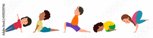 A set of pretty girls and boys of different nationalities are engaged in yoga. Yoga for children. Vector illustration in a flat style