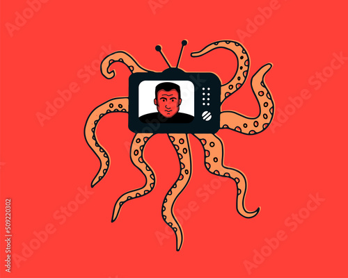 A character in the form of an octopus, who has a TV instead of a head, as a metaphor for zombifying, falsifying propaganda.