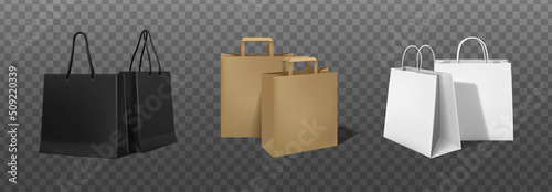 3d realistic vector icon. White, black and brown carton shopping bags. Isolated on transparent background.