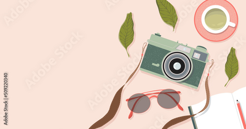 Film camera, tea cup, glasses and note book on the table. Trendy top down view illustration. Working from home. Modern minimalistic hand drawn home office space design for web card, banner.