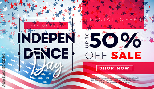 Fourth of July. Independence Day Sale Banner Design with American Flag and Falling Star Shape Confetti on Light Background. USA National Holiday Vector Illustration with Special Offer Typography