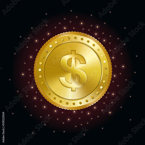 Beautiful gold coin with a dollar sign on a dark background.