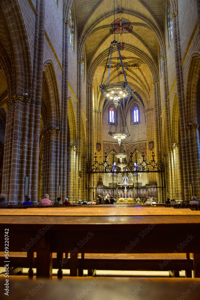 Pamplona, Spain - 5 October 2019: Ornate interior of the Catholic Catedral de Santa Maria la Real, 15th Century Gothic Cathedral