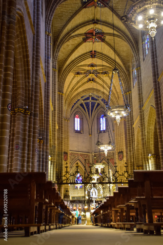 Pamplona, Spain - 5 October 2019: Ornate interior of the Catholic Catedral de Santa Maria la Real, 15th Century Gothic Cathedral