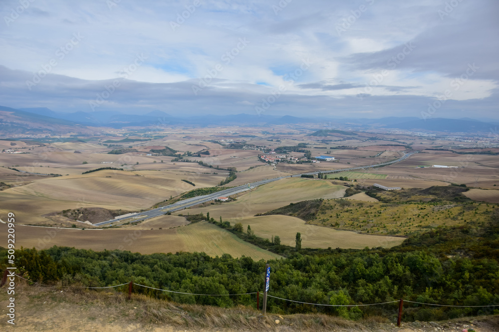 Pamplona, Spain - 6 October 2019: View of the surroundings of Pamplona from the Alto del Perdon (the Mount of Forgiveness), near Pamplona, in the Way of Saint James
