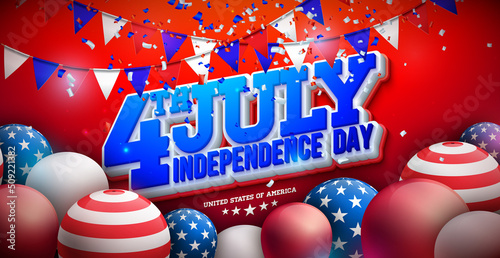 4th of July Independence Day of the USA Vector Illustration wth American Flag and Party Balloon and 3d Lettering on Red Background. Fourth of July National Celebration Design for Banner, Greeting Card