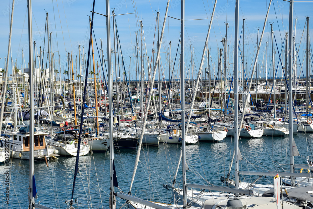 Barcelona, Spain - 3 October 2019: Yachts at Port Vell in Barcelona