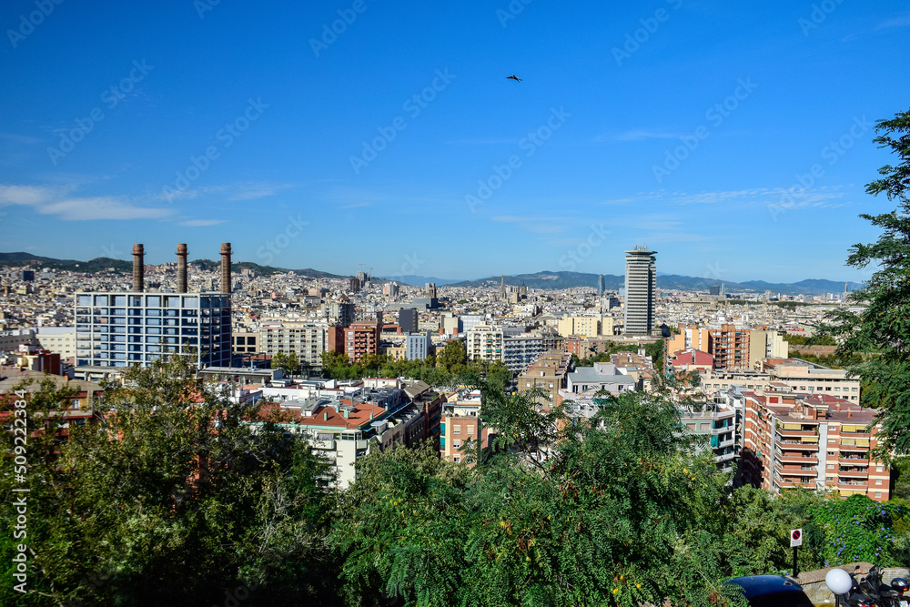 Barcelona, Spain - October 3 2019: Panoramic view of Barcelona from Park Guell in a autumn day in Spain