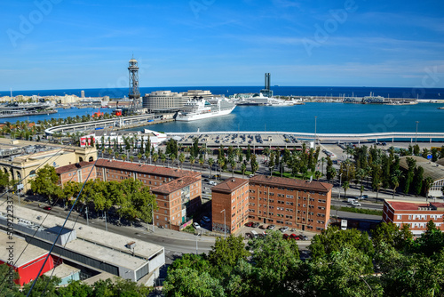 Photography Barcelona, Spain - October 3 2019: Aerial view of port of Barcelona, Spain