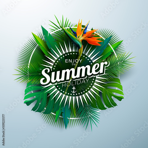 Tropical Summer Holiday Design with Toucan Bird and Parrot Flower on Light Background. Vector Typography Illustration with Exotic Palm Leaves and Phylodendron for Banner, Flyer, Invitation, Brochure photo