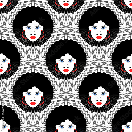African girl head with red lips and afro hairstyle abstract seamless pattern vector illustration for beauty salon