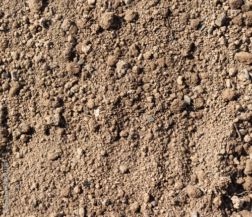 Plowed dry soil under bright sunlight