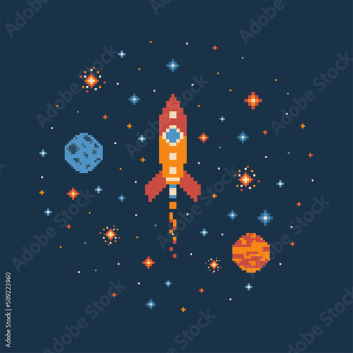 8 bit Pixel Art Rocket in Outer Space