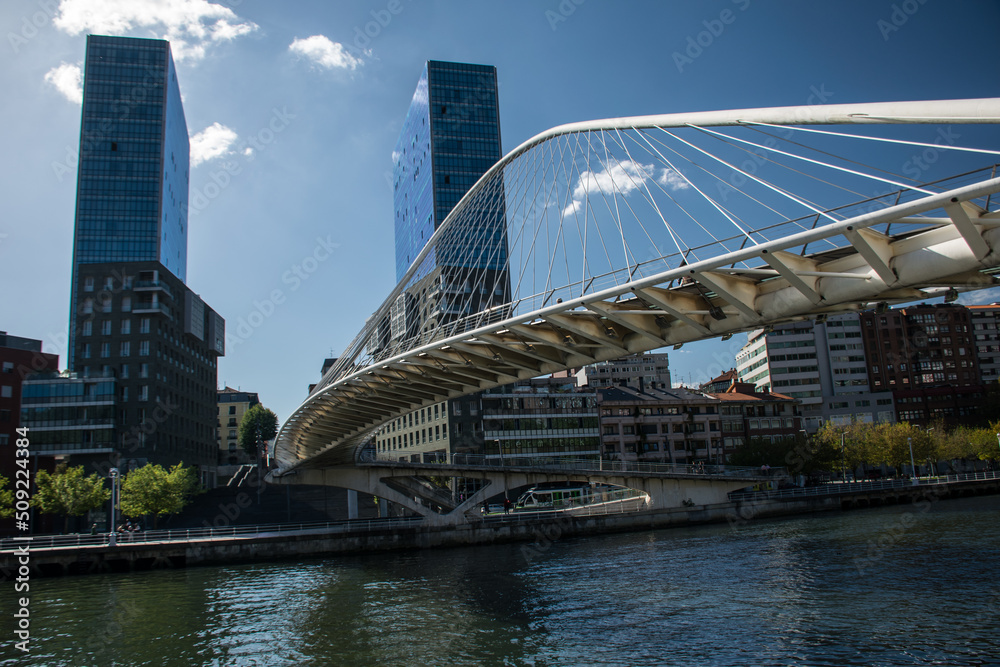 Fototapeta premium Bridge over the water canal in Bilbao. The Northern Way of St. James, Spain