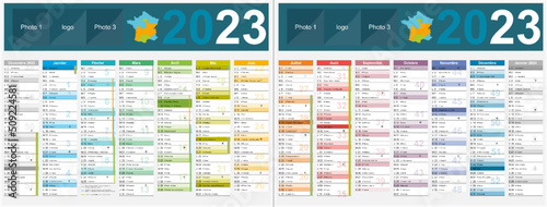 Calendrier 2023 14 mois au format 320 x 420 mm  avec vacances 2023 recto verso entièrement modifiable via calques et texte arial