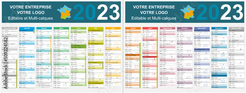 Calendrier 2023 14 mois au format 320 x 420 mm  avec vacances 2023 recto verso entièrement modifiable via calques et texte arial