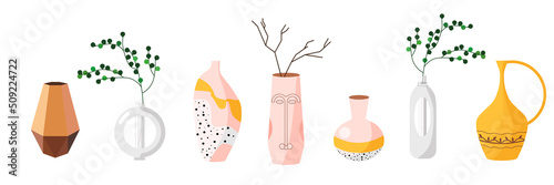Set of multicolored vases in cartoon style. Vector illustration of fashion vases in different forms for apartment interiors.