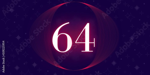Number 64. Banner with the number sixty four on a blue background and blue and purple details with a circle purple in the middle photo