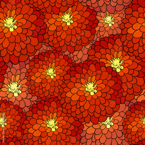 Pattern with red dahlia. Common zinnia flower