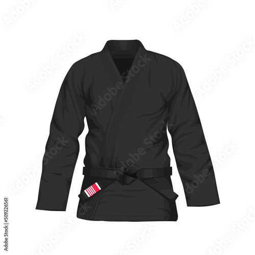 BJJ black Gi with black belt vector illustration in flat style. Brazilian Jiu-Jitsu black kimono. Isolated on white background.	
