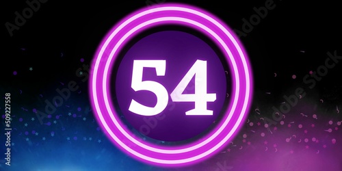 Number 54. Banner with the number fifty four on a black background and blue and purple details with a circle purple in the middle photo